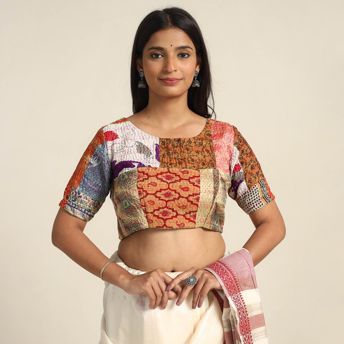 Multicolor - Hand Embroidery Silk Cotton Patchwork Kantha Stitch Blouse 04