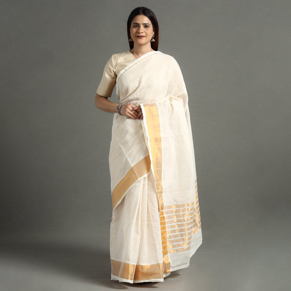 White - Traditional Venkatagiri Handloom Cotton Zari Checks Saree with One Side Zari Border 31