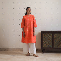 Orange - Handwoven Raglan Sleeve Pleated Jamdani Kurta 15