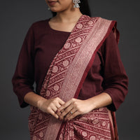 Maroon - Handwoven Merino Wool Bagh Block Print Saree 08