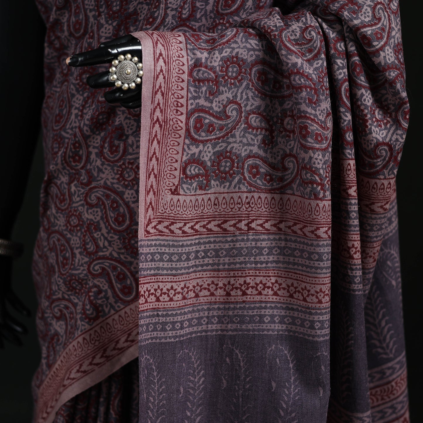 Handwoven Merino Wool Natural Dyed Hand Block Bagh Print Saree 05