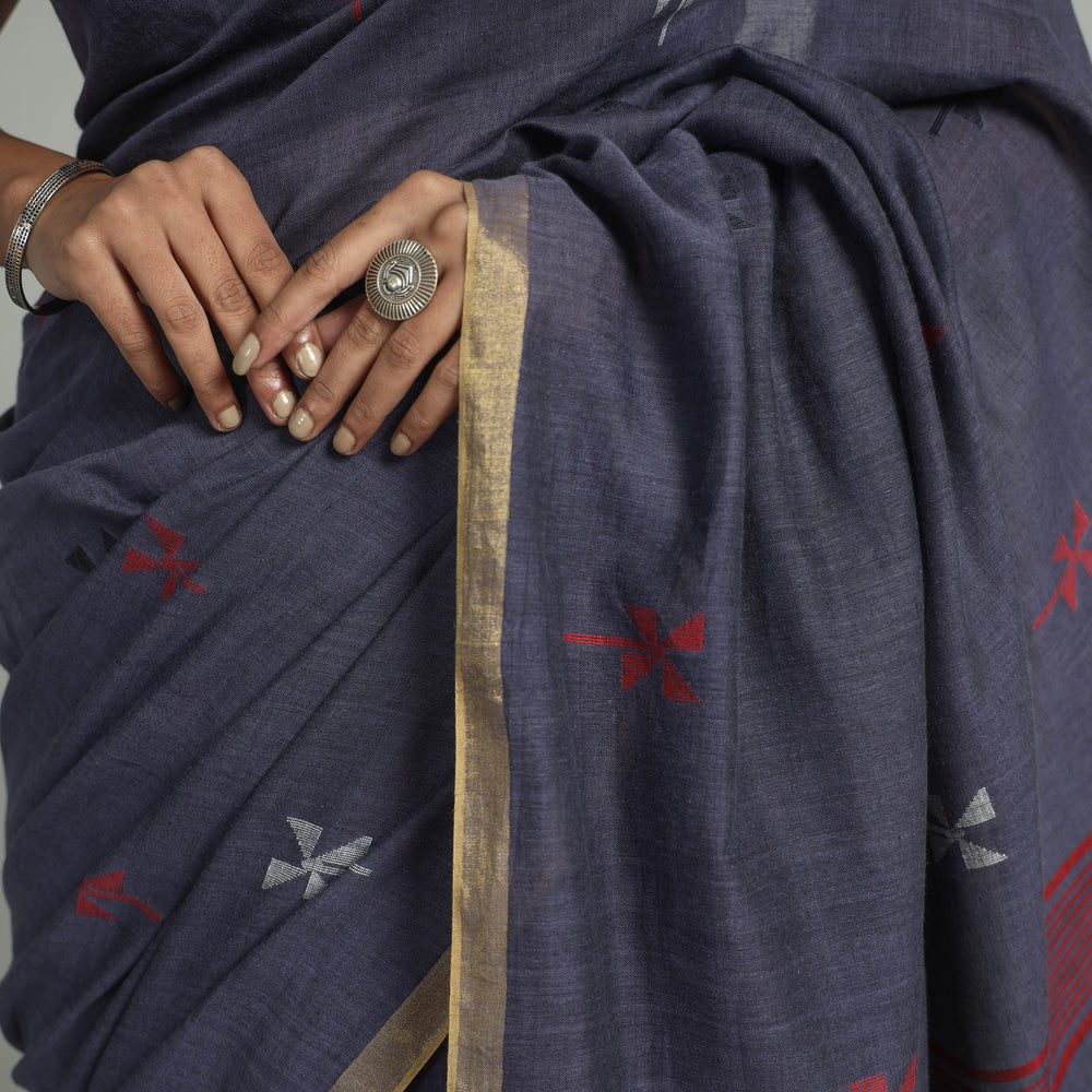 Blue - Handloom Cotton Phulia Jamdani Saree with Tassels 29