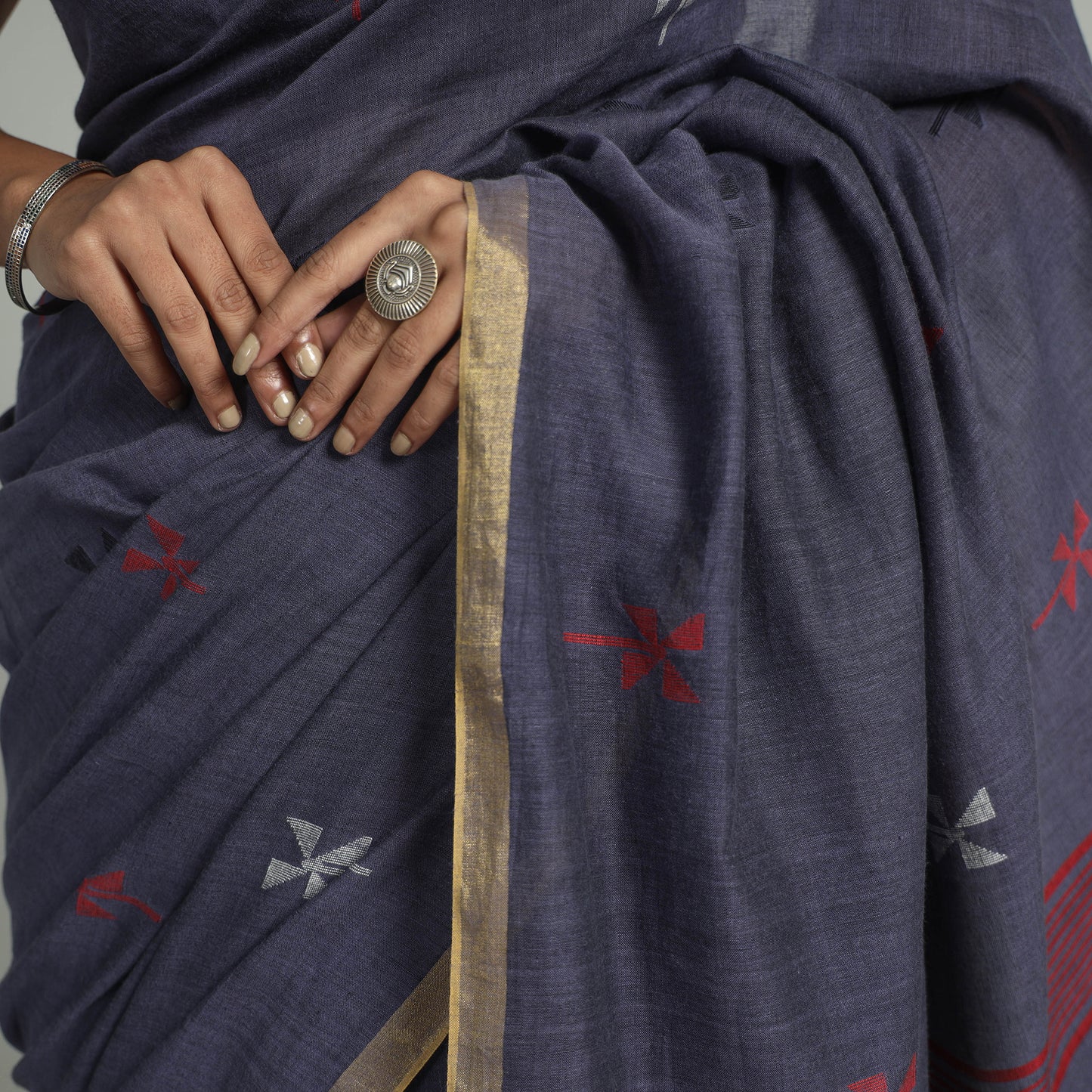 Blue - Handloom Cotton Phulia Jamdani Saree with Tassels 29