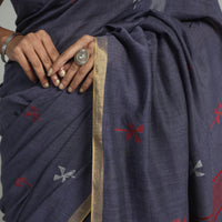 Blue - Handloom Cotton Phulia Jamdani Saree with Tassels 29