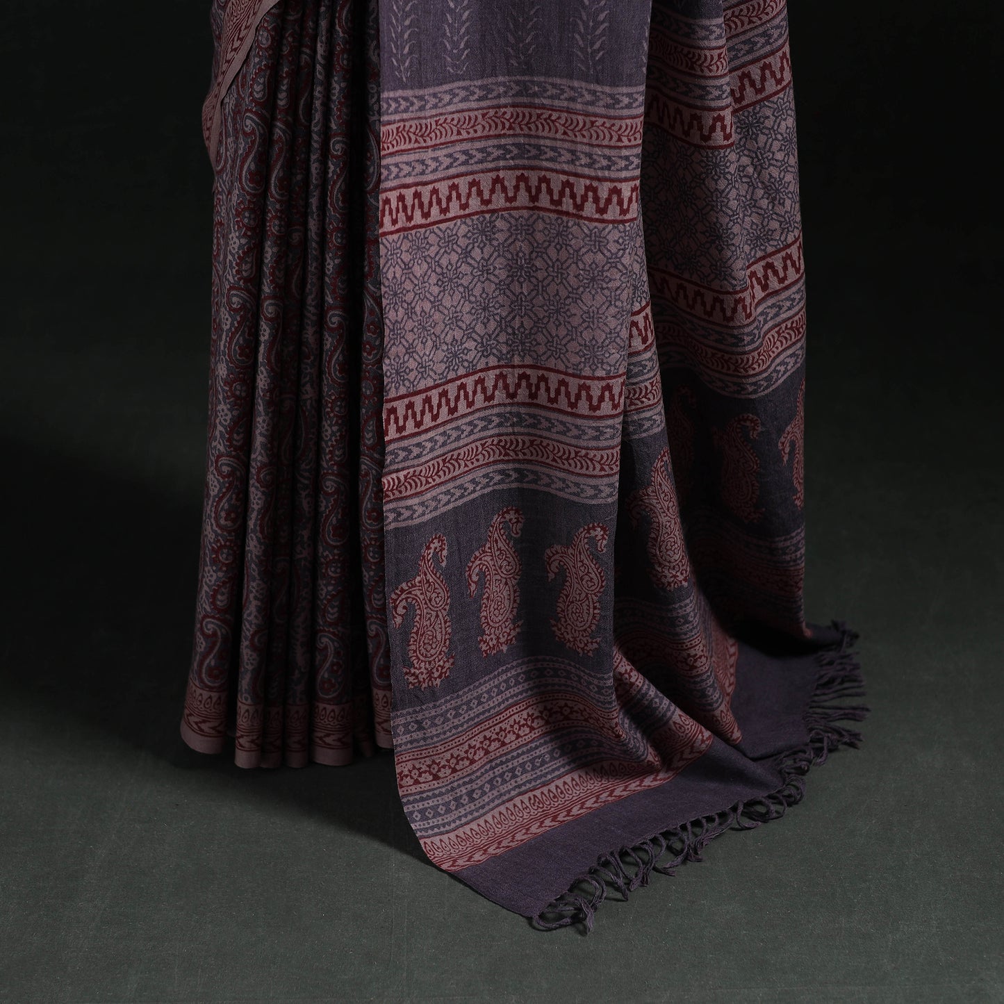 Handwoven Merino Wool Natural Dyed Hand Block Bagh Print Saree 05