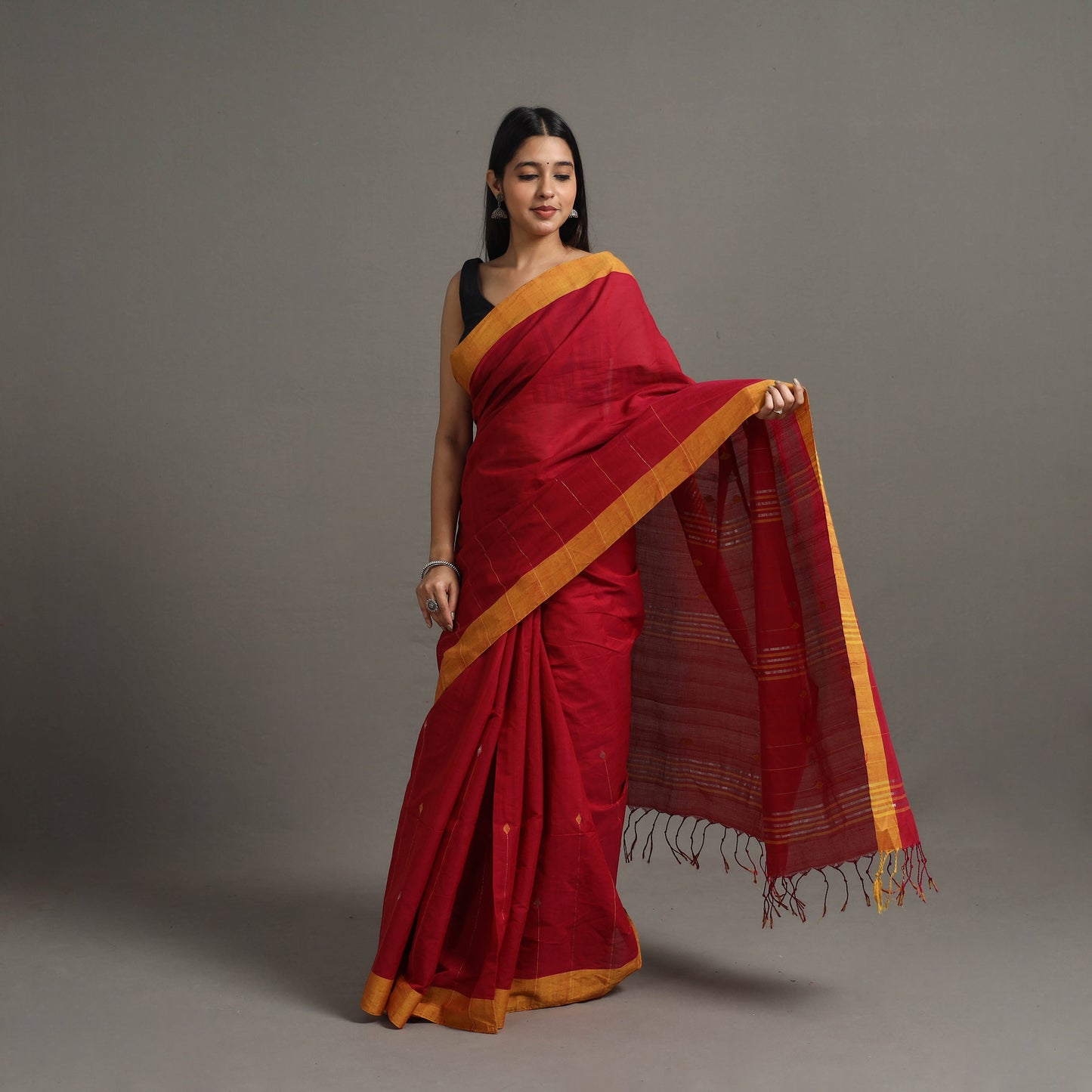 Red - Jamdani Buti Zari Stripe Cotton Handloom Saree 78