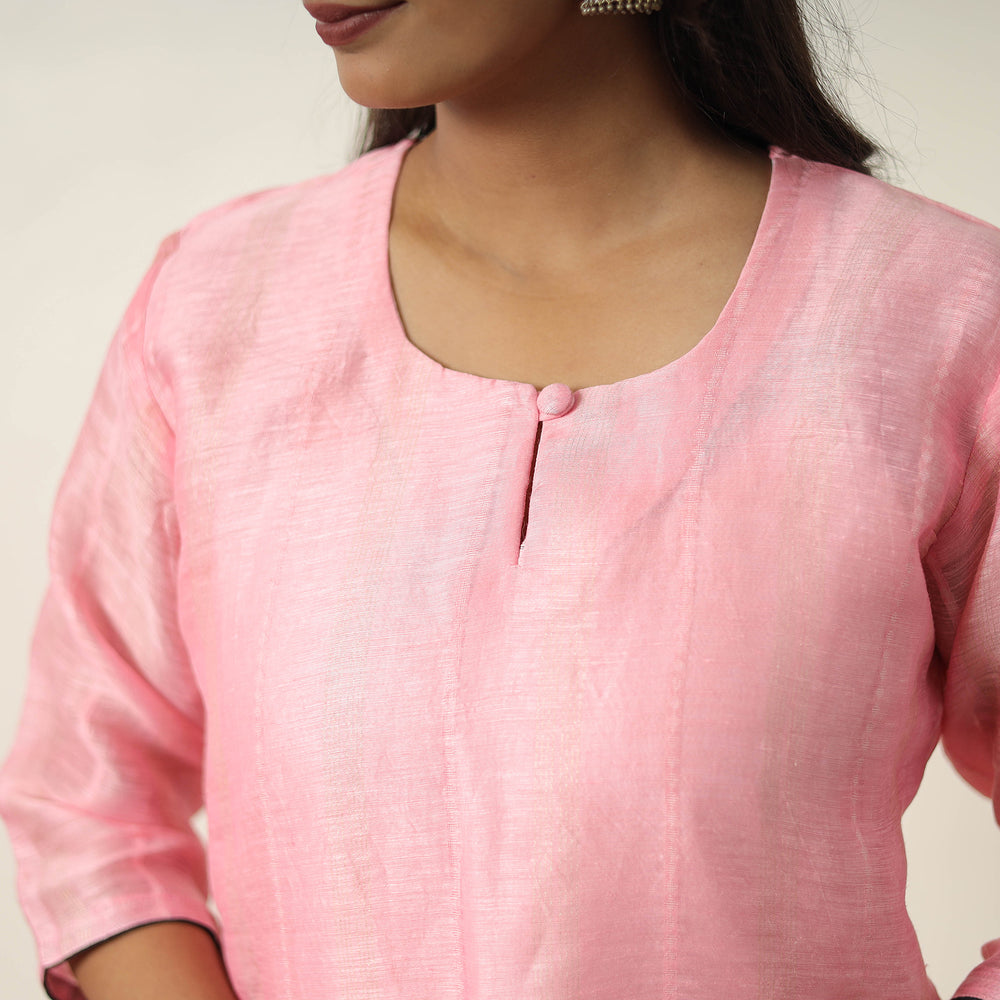 Pink - Elegant Linen Silk Handloom Plain Kurta Set 07