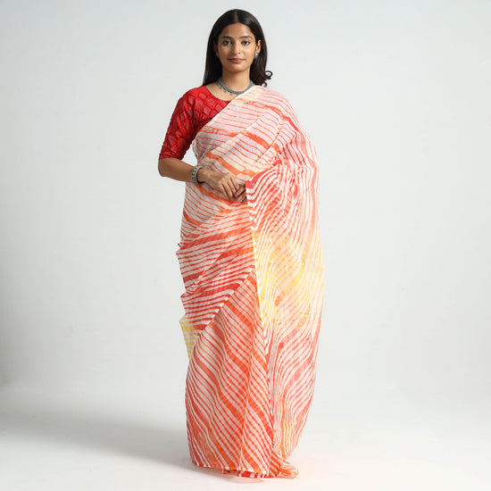 Peach - Leheriya Tie-Dye Kota Doria Cotton Saree 20