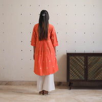 Orange - Handwoven Raglan Sleeve Pleated Jamdani Kurta 15