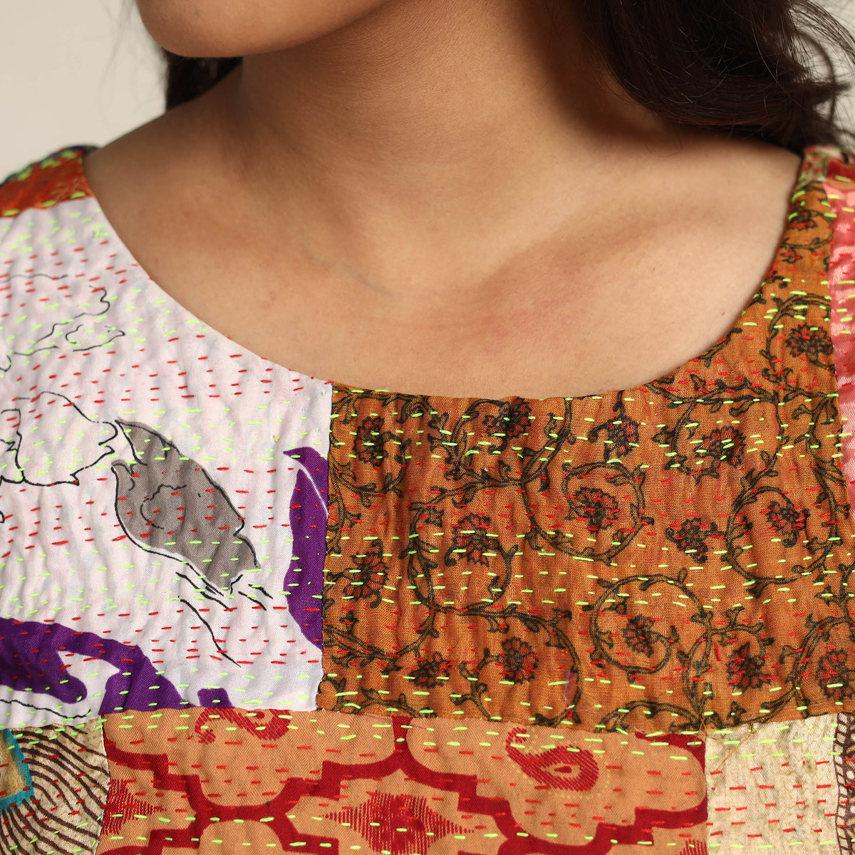 Multicolor - Hand Embroidery Silk Cotton Patchwork Kantha Stitch Blouse 04