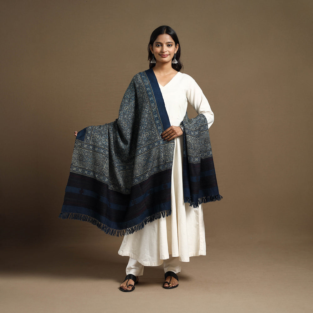 Blue - Kutch Handwoven Ajrakh Print Pure Wool Shawl 23