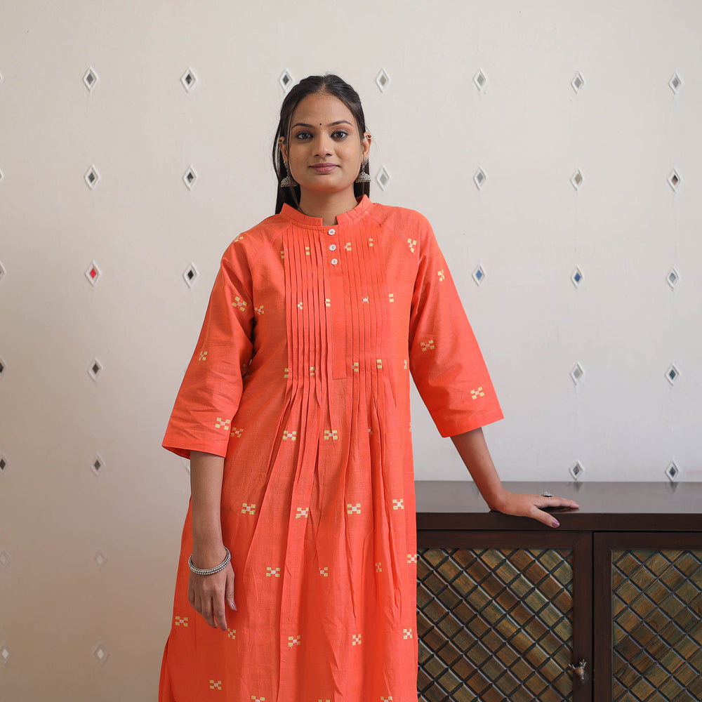 Orange - Handwoven Raglan Sleeve Pleated Jamdani Kurta 15