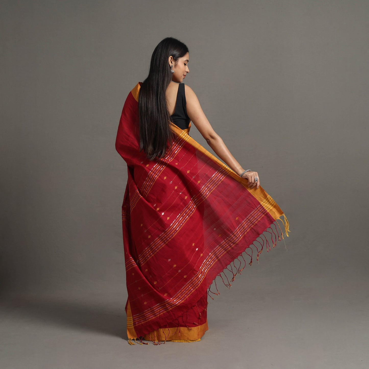 Red - Jamdani Buti Zari Stripe Cotton Handloom Saree 78