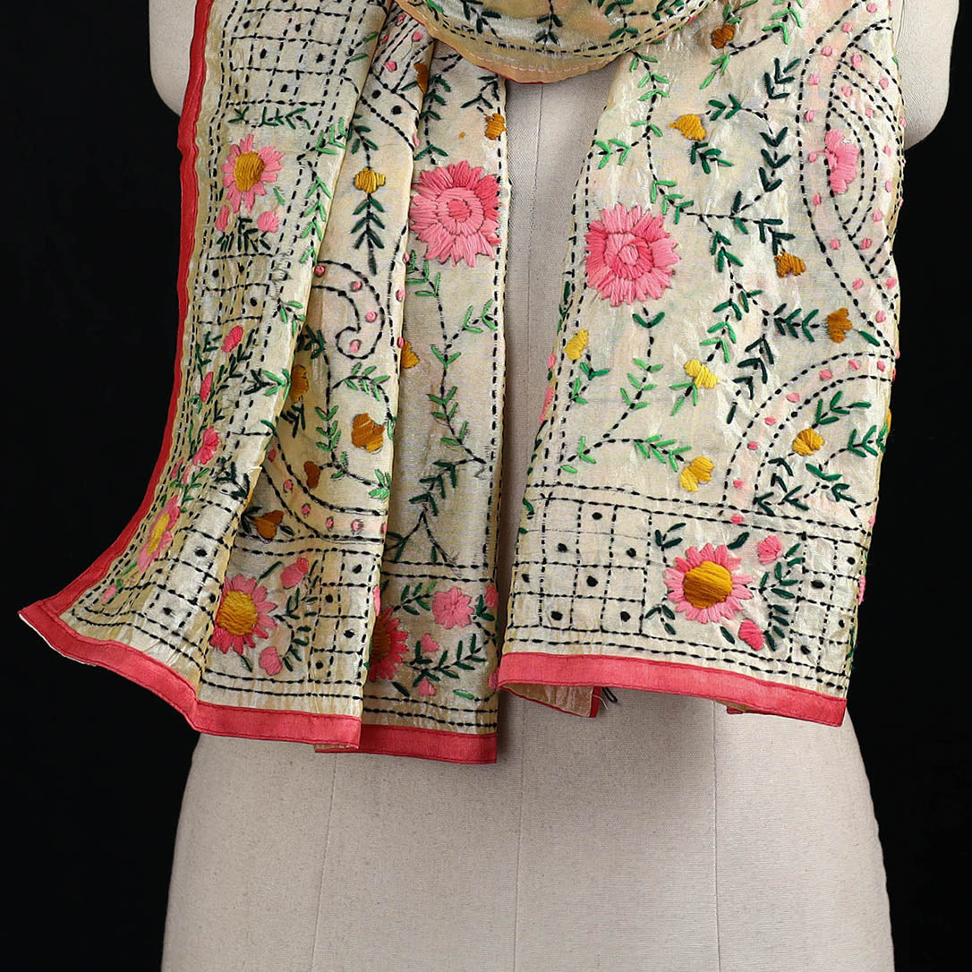 Beige - Ranihati Chanderi Silk Hand Embroidered Stole 59