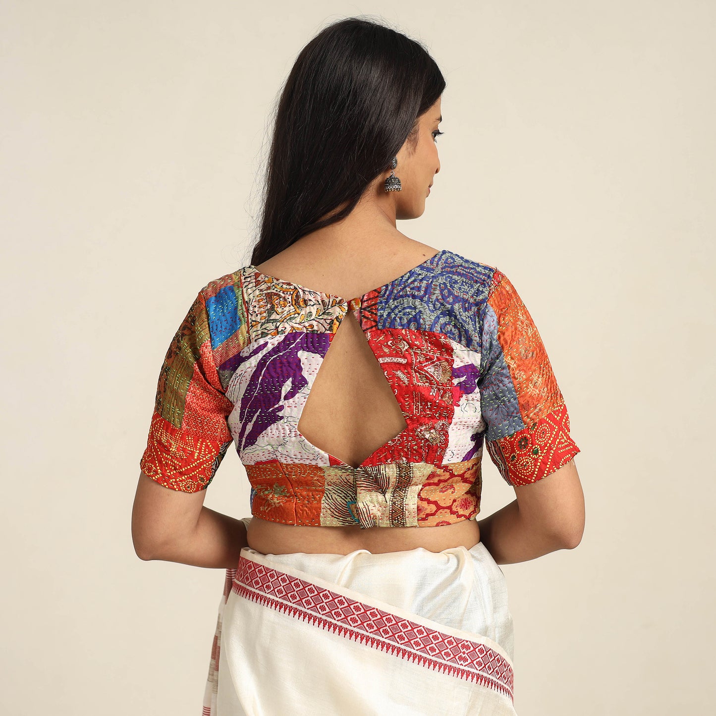 Multicolor - Hand Embroidery Silk Cotton Patchwork Kantha Stitch Blouse 04