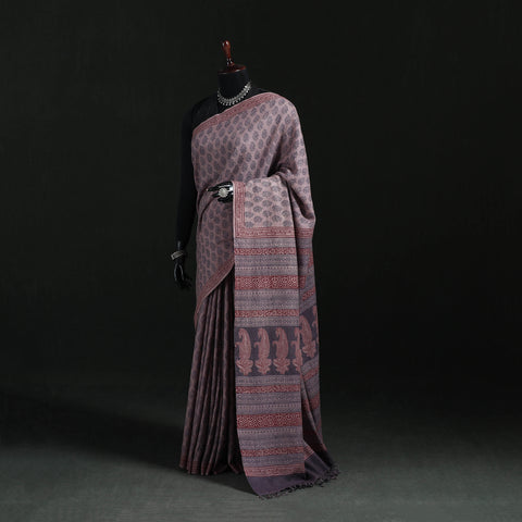 Handwoven Merino Wool Natural Dyed Hand Block Bagh Print Saree 04