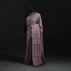 Handwoven Merino Wool Natural Dyed Hand Block Bagh Print Saree 04