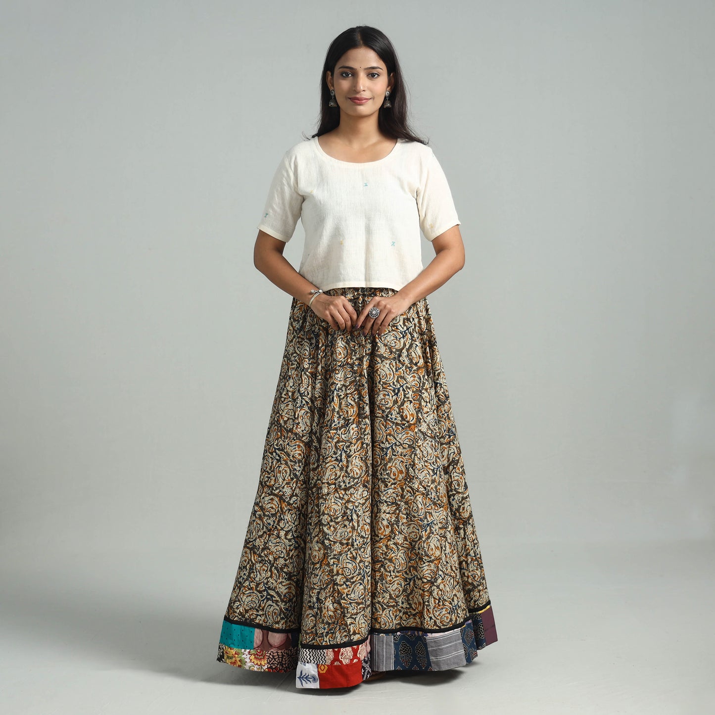 Multicolor - Hand Block Printed Cotton Long Kalamkari Skirt 17