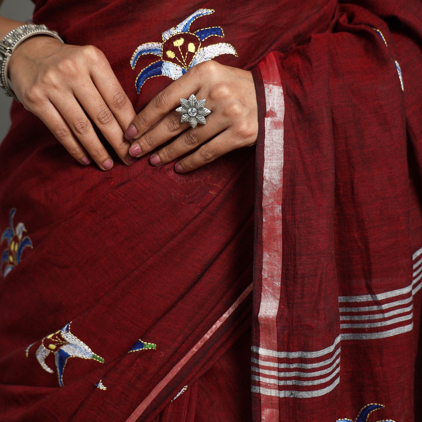 Maroon - Bengal Kantha Embroidery Handloom Cotton Saree