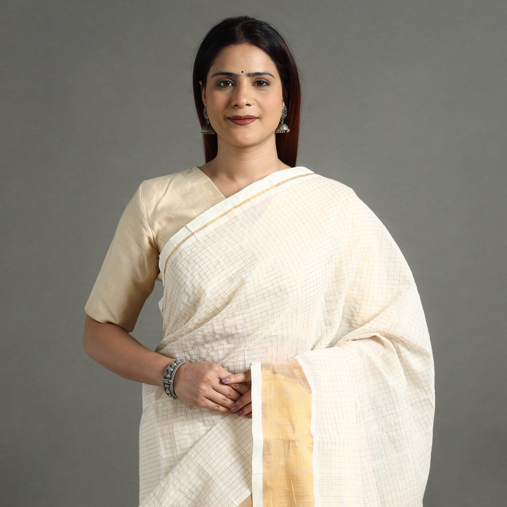 White - Traditional Venkatagiri Handloom Cotton Zari Checks Saree with One Side Zari Border 31