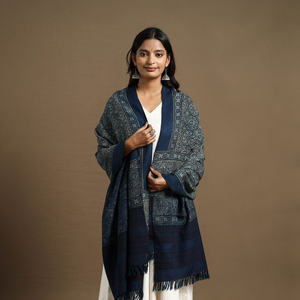 Blue - Kutch Handwoven Ajrakh Print Pure Wool Shawl 23