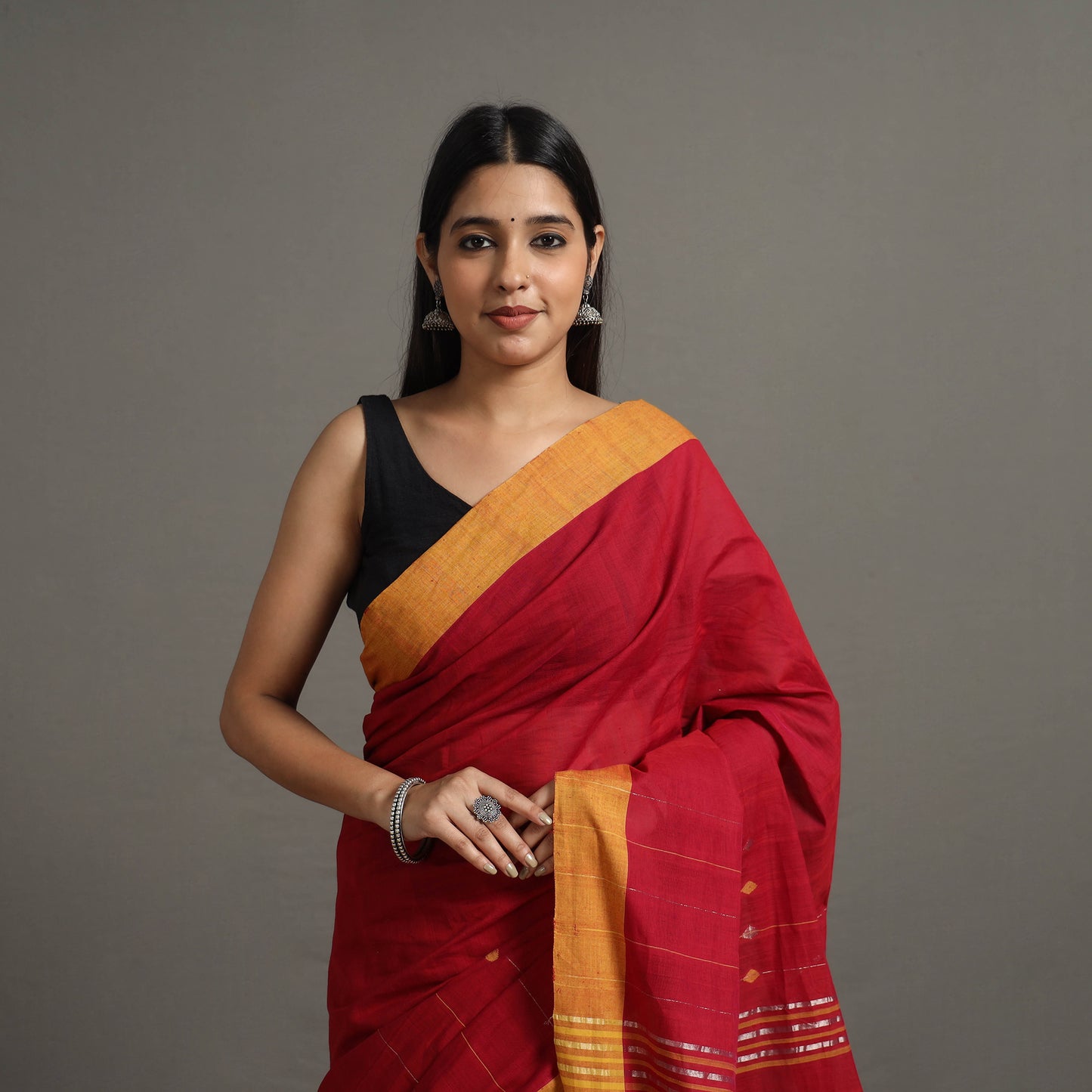 Red - Jamdani Buti Zari Stripe Cotton Handloom Saree 78