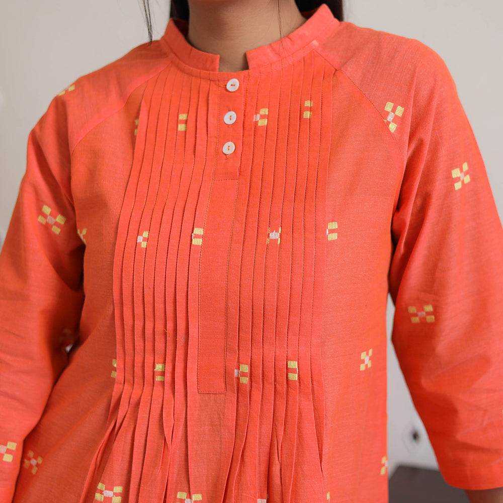 Orange - Handwoven Raglan Sleeve Pleated Jamdani Kurta 15