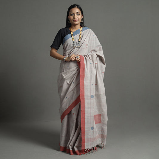Grey - Srikakulam Jamdani Handspun Handloom Cotton Saree 26