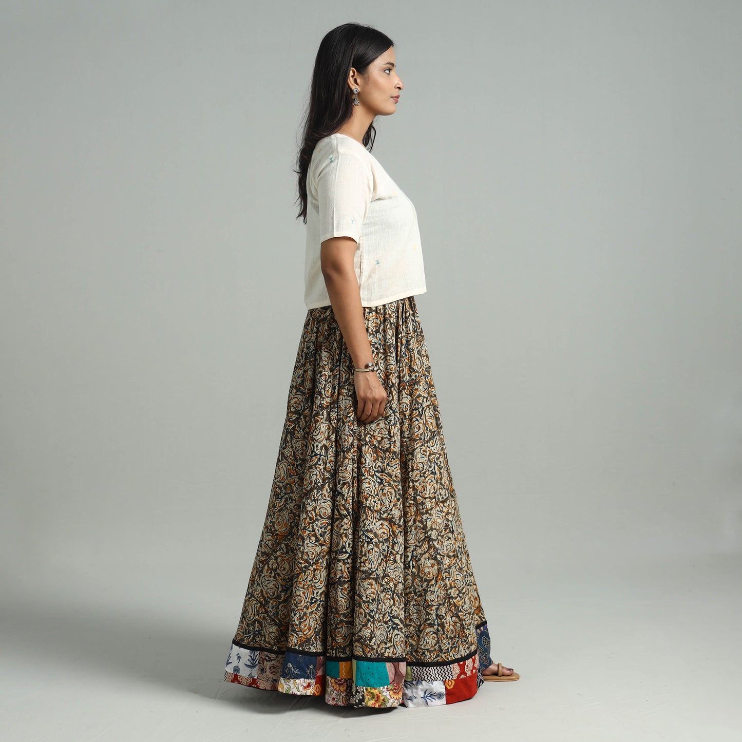 Multicolor - Hand Block Printed Cotton Long Kalamkari Skirt 17