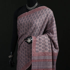 Handwoven Merino Wool Natural Dyed Hand Block Bagh Print Saree 04