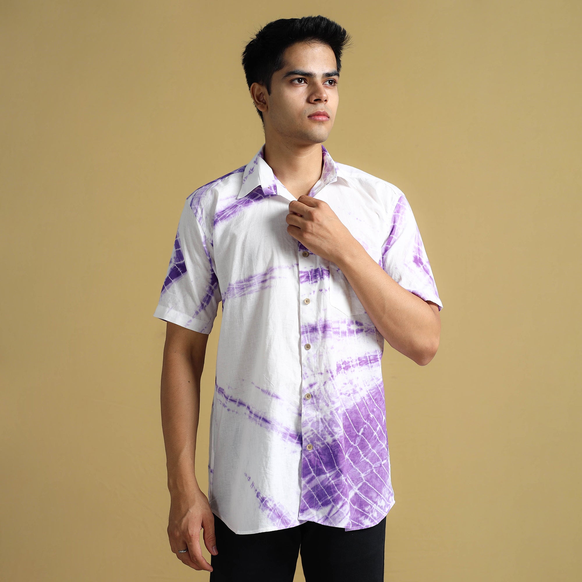 High quality Men Purple Tie Dye Button shirt, Korean Designer Collared Shirt, Short Sleeves Casual / Formal wear