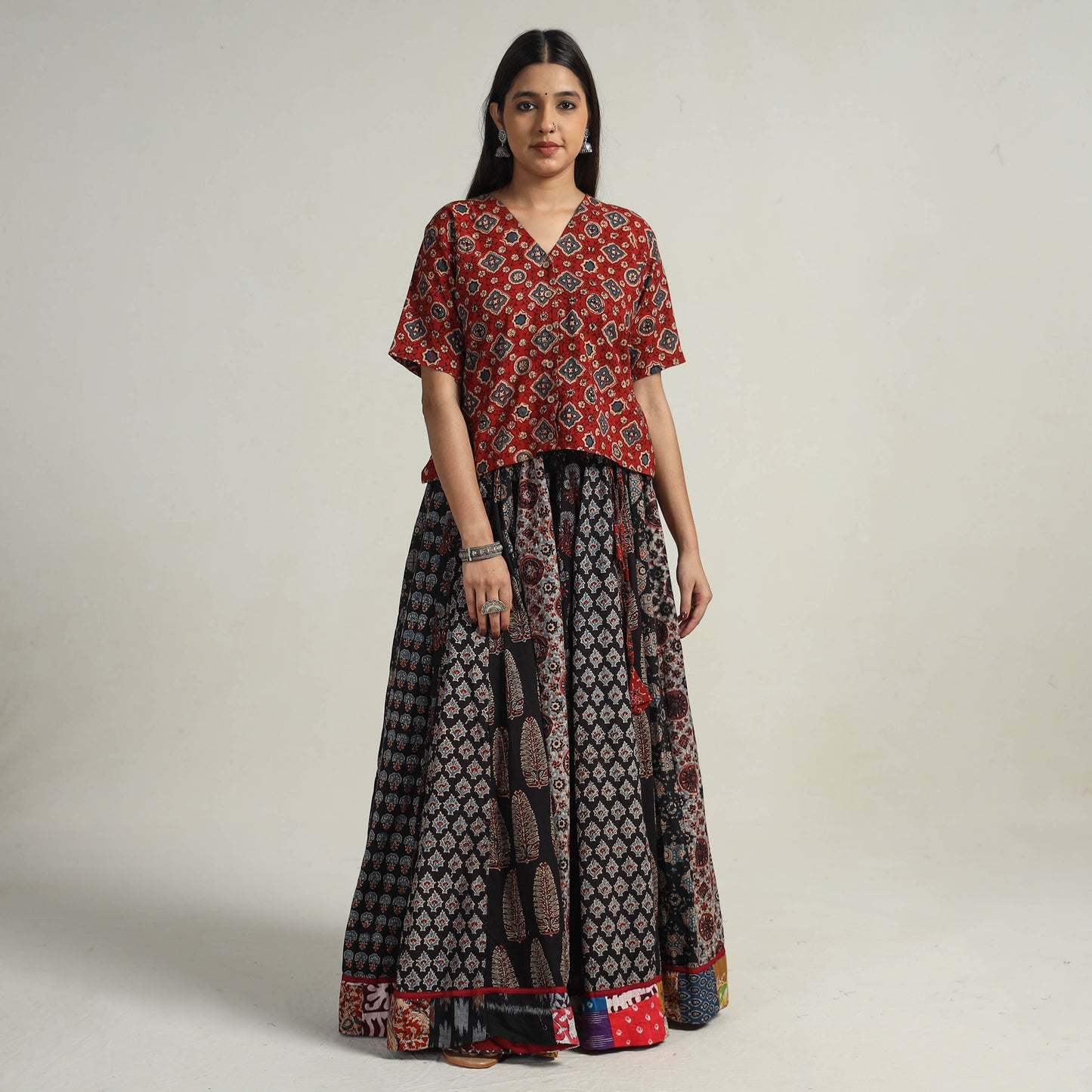 Multicolor - Kutch Block Printed 24 Kali Cotton Long Skirt 31