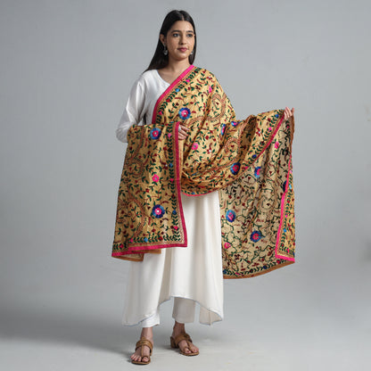 Yellow - Ranihati Chanderi Silk Chapa Work Phulkari Embroidered Dupatta 47