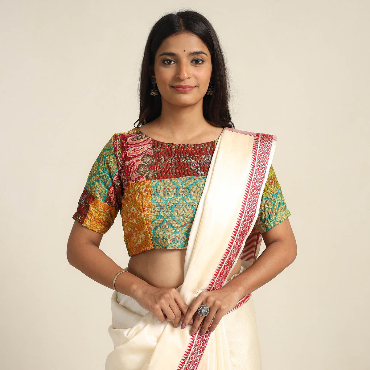 Multicolor - Hand Embroidery Silk Cotton Patchwork Kantha Stitch Blouse 02