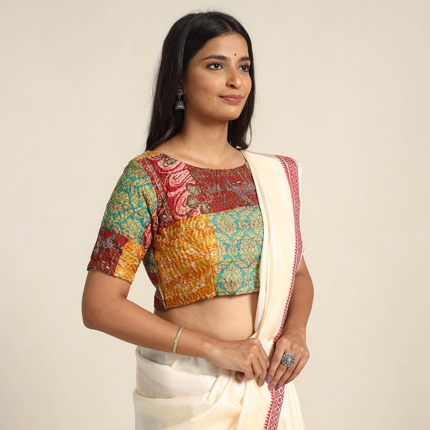 Multicolor - Hand Embroidery Silk Cotton Patchwork Kantha Stitch Blouse 02