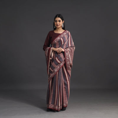 Grey - Handwoven Merino Wool Bagh Block Print Saree 04