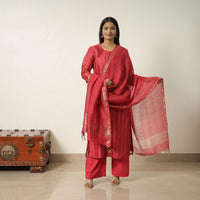 Red - Elegant Linen Silk Handloom Plain Kurta Set 08