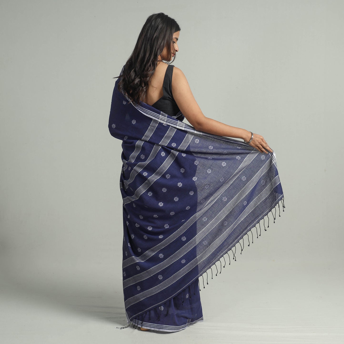 Blue - Handloom Cotton Phulia Jamdani Saree with Tassels 30