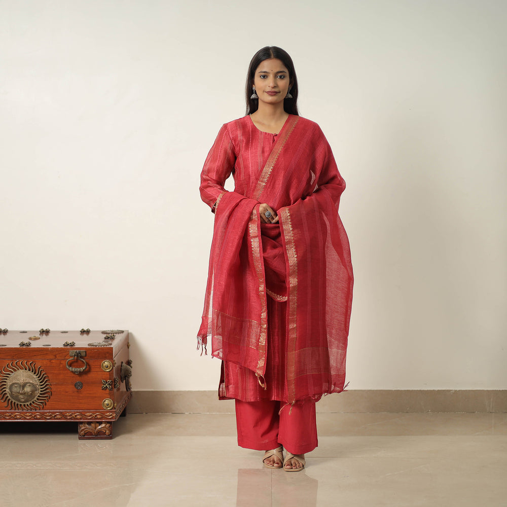 Red - Elegant Linen Silk Handloom Plain Kurta Set 08