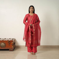 Red - Elegant Linen Silk Handloom Plain Kurta Set 08