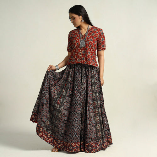 Black - Kutch Block Printed 24 Kali Cotton Long Skirt 19