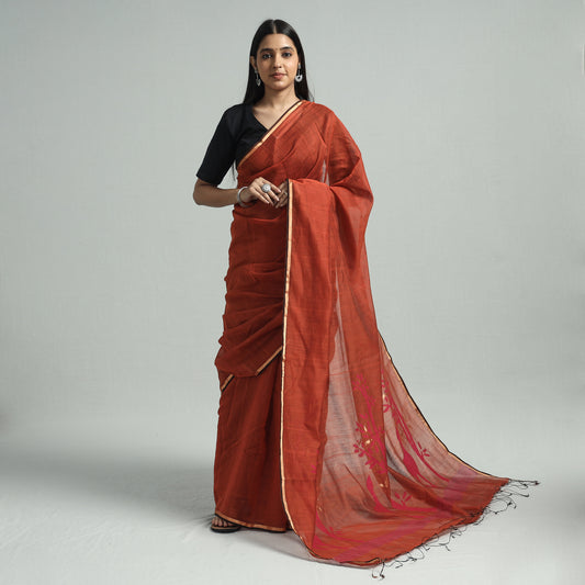 Orange - Bengal Jamdani Handloom Pure Cotton Saree