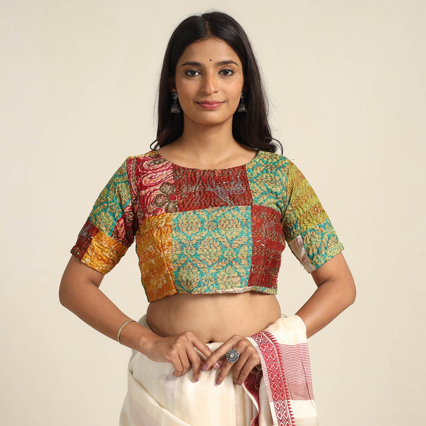 Multicolor - Hand Embroidery Silk Cotton Patchwork Kantha Stitch Blouse 02