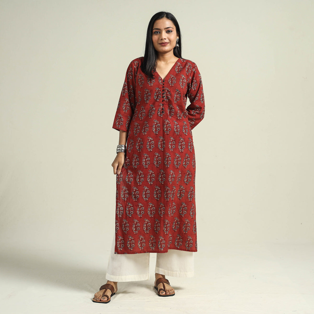 Red - with Butta Ajrakh Hand Block Printed Cotton Straight Kurta