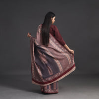 Grey - Handwoven Merino Wool Bagh Block Print Saree 04