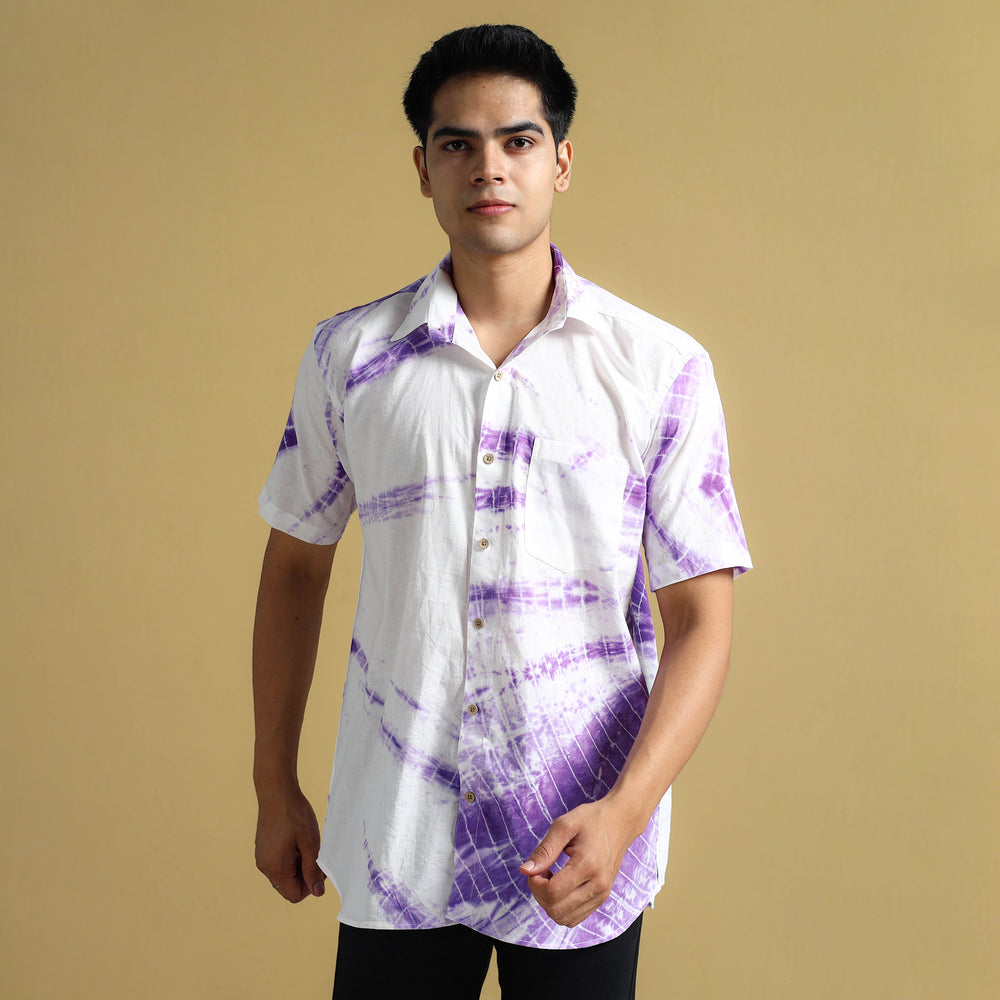 Purple - Shibori Tie-Dye Cotton Men Half Sleeve Shirt 03