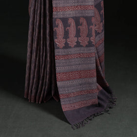 Handwoven Merino Wool Natural Dyed Hand Block Bagh Print Saree 04