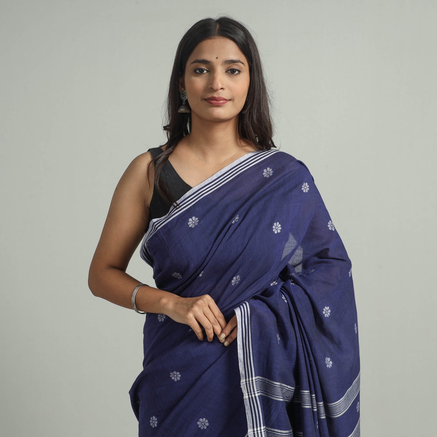 Blue - Handloom Cotton Phulia Jamdani Saree with Tassels 30