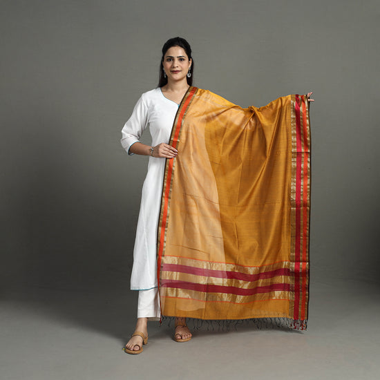 Brown - Handloom Silk Cotton Resham Border Maheshwari Dupatta 26