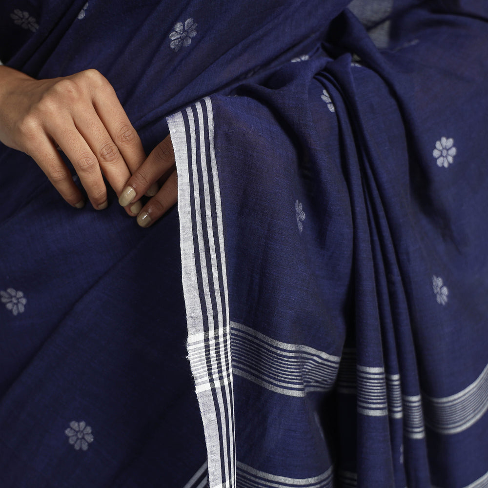 Blue - Handloom Cotton Phulia Jamdani Saree with Tassels 30